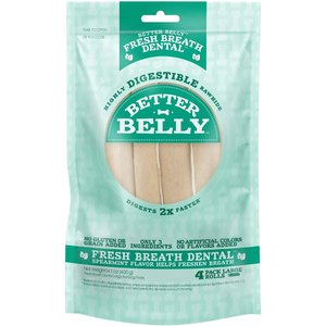 Better Belly Fresh Breath Dental Spearmint Flavor Highly Digestible Rawhide Dog Treat Chew Rolls, Large, 4 count