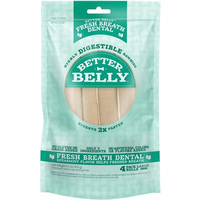 Better Belly Better Belly Fresh Breath Dental Spearmint Flavor Highly Digestible Rawhide Dog Treat Chew Rolls, Large, 4 count