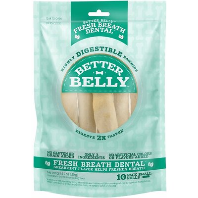 Better Belly Better Belly Rolls Fresh Breath Dental Spearmint Flavor Highly Digestible Rawhide Dog Treat Chew, Small, 10 count