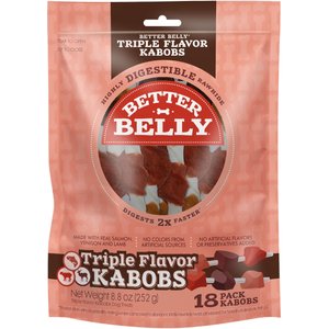 Better Belly Triple Flavor Kabobs Salmon, Venison & Lamb Highly Digestible Rawhide Dog Treat Chews, 18 count