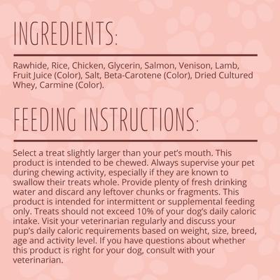 Show full view: Better Belly Triple Flavor Kabobs Salmon, Venison & Lamb Highly Digestible Rawhide Dog Treat Chews, 18 count slide 6 of 13