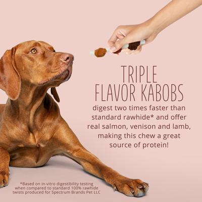 Show full view: Better Belly Triple Flavor Kabobs Salmon, Venison & Lamb Highly Digestible Rawhide Dog Treat Chews, 18 count slide 9 of 13