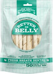 Better Belly Twist Sticks Fresh Breath Spearmint Flavor Highly Digestible Rawhide Dental Dog Treat Chew, 50 count