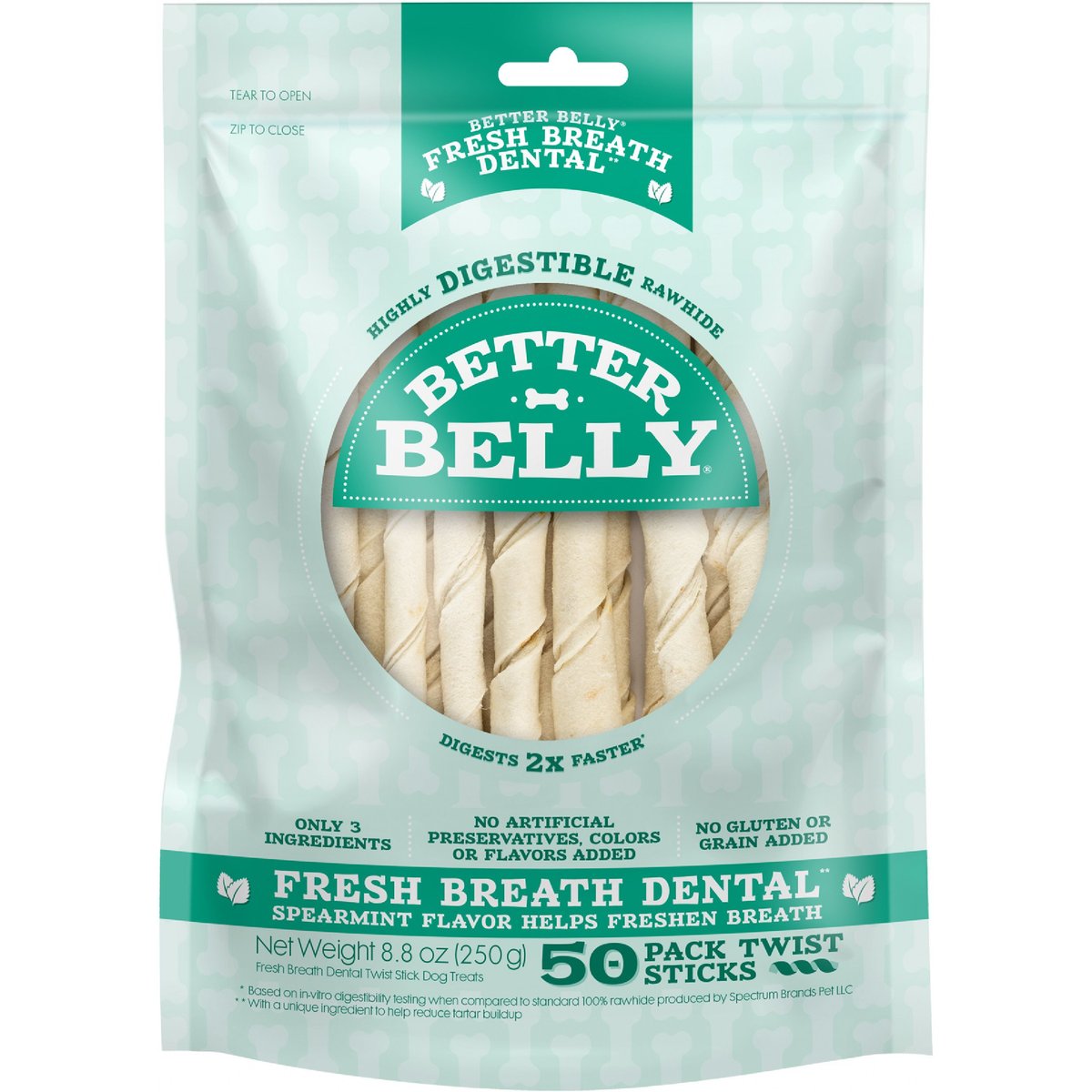Better Belly Twist Sticks Fresh Breath Spearmint Flavor Highly Digestible Rawhide Dental Dog Treat Chew, 50 count