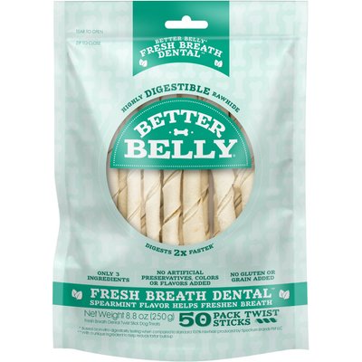 Better Belly Better Belly Twist Sticks Fresh Breath Spearmint Flavor Highly Digestible Rawhide Dental Dog Treat Chew, 50 count