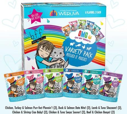 Show full view: BFF OMG Potluck O' Pouches Variety Pack Grain-Free Cat Food, 2.8-oz pouch, bundle of 24  slide 5 of 9