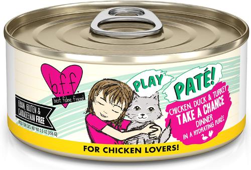 Show full view: BFF Play Pate Lovers Chicken, Duck & Turkey Take a Chance + Play Pate Lovers Chicken Checkmate Wet Cat Food, 5.5-oz can, 16 count slide 3 of 10