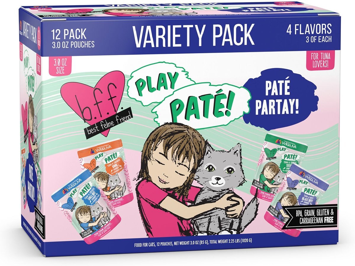 BFF Play Pate Lovers Pate Partay Variety Pack Wet Cat Food, 3-oz pouch, pack of 12