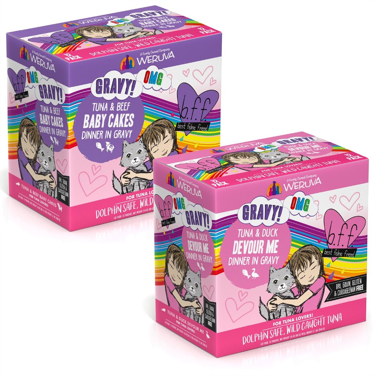 BFF Tuna & Duck Devour Me Dinner in Gravy + Tuna & Beef Baby Cakes Dinner in Gravy Wet Cat Food Pouches