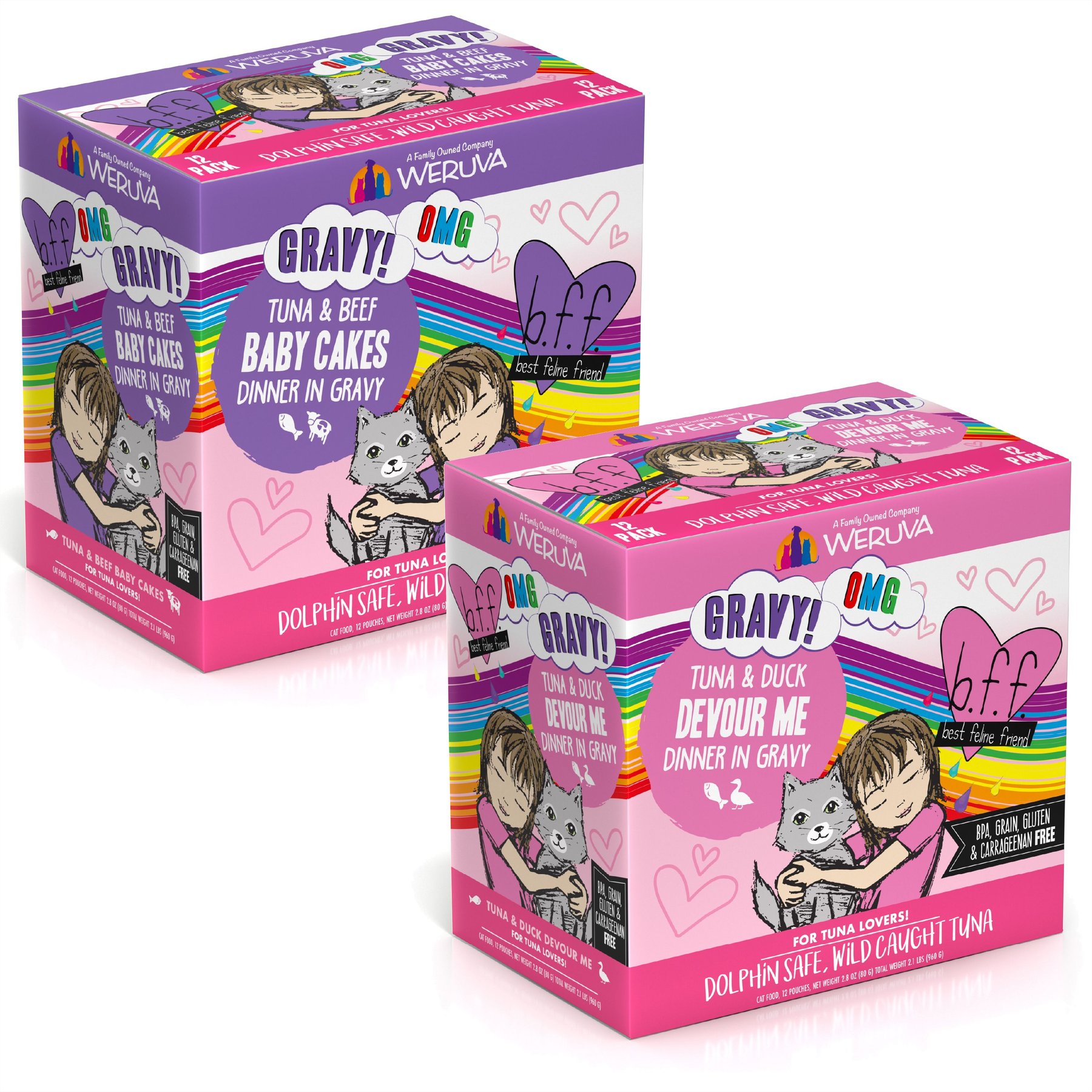 BFF Tuna & Duck Devour Me Dinner in Gravy + Tuna & Beef Baby Cakes Dinner in Gravy Wet Cat Food Pouches