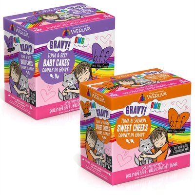 BFF BFF Tuna & Salmon Sweet Cheeks Dinner in Gravy + Tuna & Beef Baby Cakes Dinner in Gravy Wet Cat Food Pouches