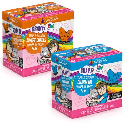 BFF BFF Tuna & Salmon Sweet Cheeks Dinner in Gravy + Tuna & Chicken Charm Me Dinner in Gravy Wet Cat Food Pouches