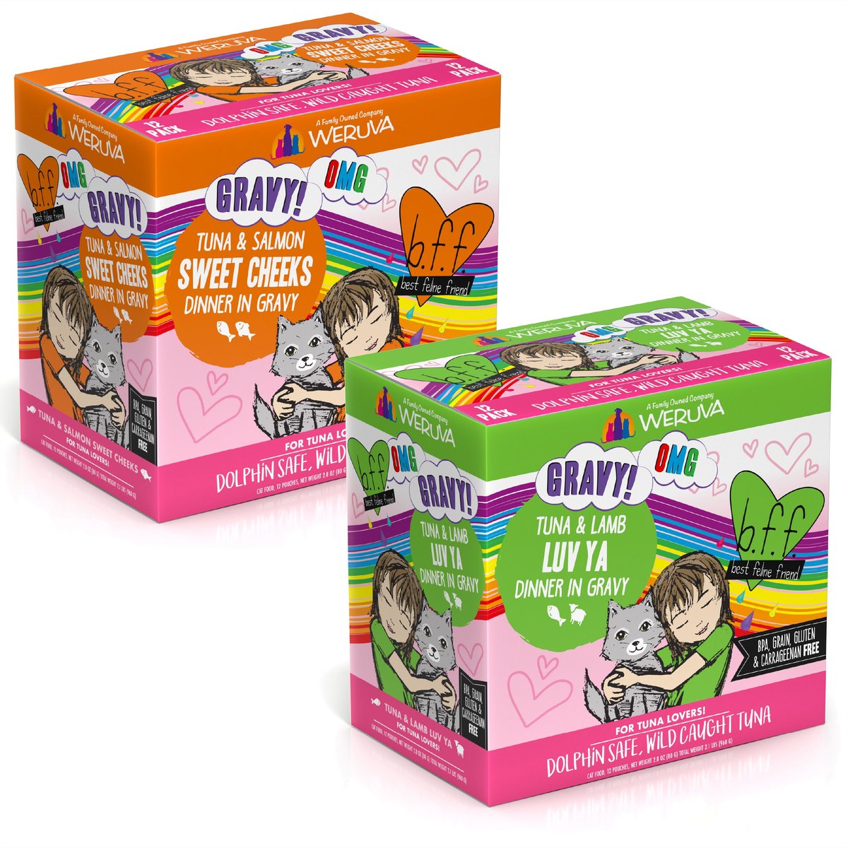 BFF Tuna & Salmon Sweet Cheeks Dinner in Gravy + Tuna & Lamb Luv Ya Dinner in Gravy Wet Cat Food Pouches