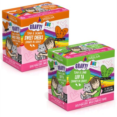 BFF BFF Tuna & Salmon Sweet Cheeks Dinner in Gravy + Tuna & Lamb Luv Ya Dinner in Gravy Wet Cat Food Pouches