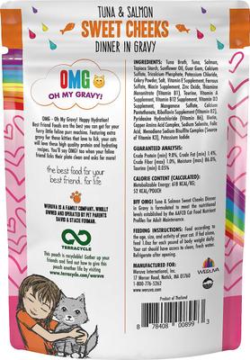 Show full view: BFF Tuna & Salmon Sweet Cheeks Dinner in Gravy Wet Cat Food Pouches, 3-oz pouch, bundle of 24  slide 3 of 12