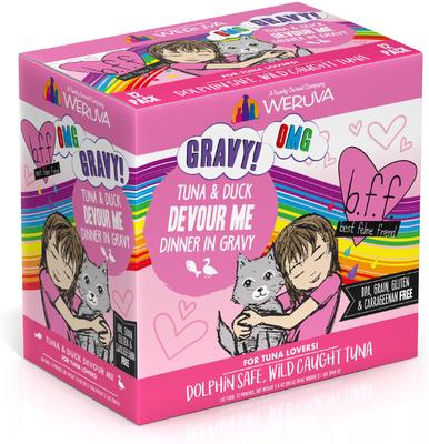 Show full view: BFF Tuna & Turkey Tickles Dinner in Gravy + Tuna & Duck Devour Me Dinner in Gravy Wet Cat Food Pouches slide 6 of 9
