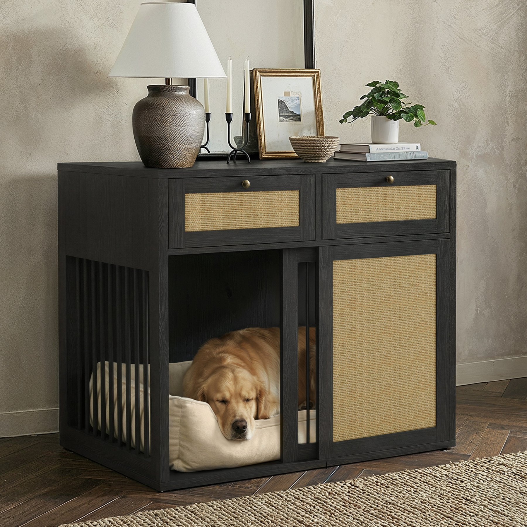 PureCozy Heavy Duty Furniture Style Chew Resistant Dog Crate with Left Kennel, Large: 40-in, Black