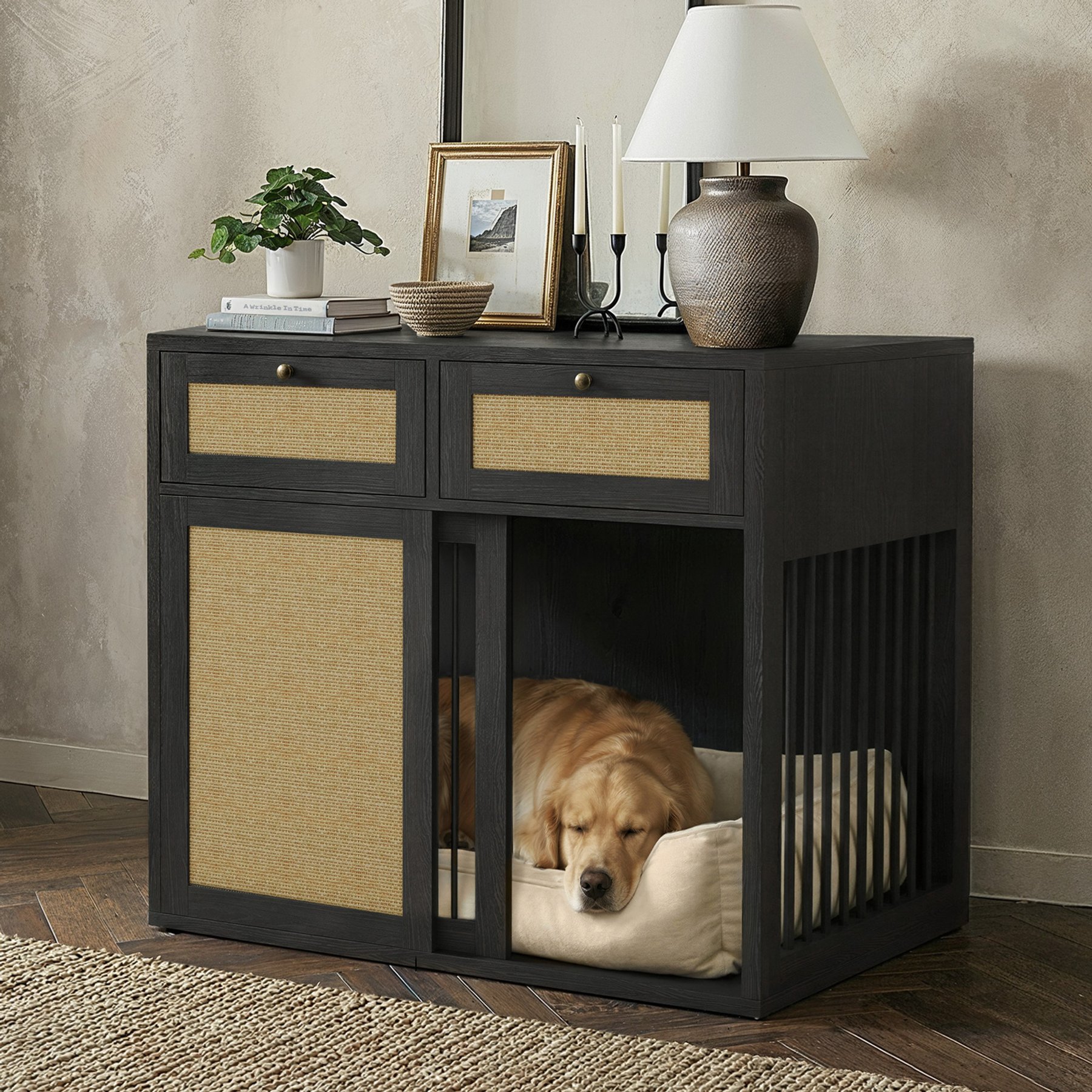 PureCozy Heavy Duty Wooden Chew Resistant End Table Dog Crate with Right Kennel, Large: 40-in, Black