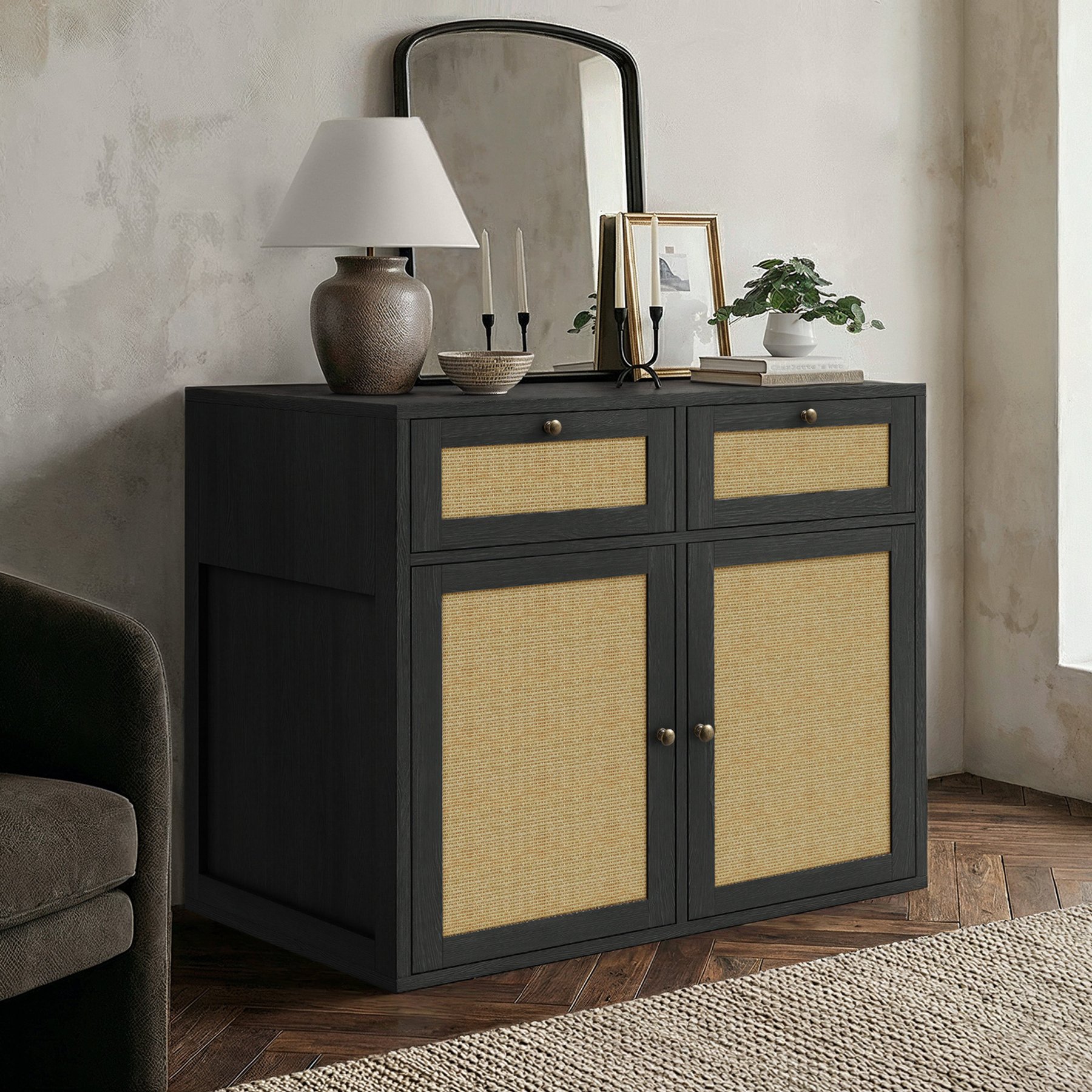 PureCozy Indoor Wooden Chew Resistant Storage Cabinet with Rattan Drawers Dog Crate, Large: 40-in, Black