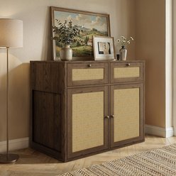 PureCozy Indoor Wooden Chew Resistant Storage Cabinet with Rattan Drawers Dog Crate, Large: 40-in, Natural Oak