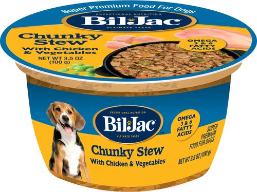 Show full view: Bil-Jac Chunky Stew Chicken & Vegetables Recipe Wet Dog Food, 3.5-oz tub, case of 12 slide 3 of 7