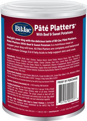 Show full view: Bil-Jac Pate Platters with Beef & Sweet Potatoes Canned Dog Food, 13-oz, case of 12 slide 4 of 9