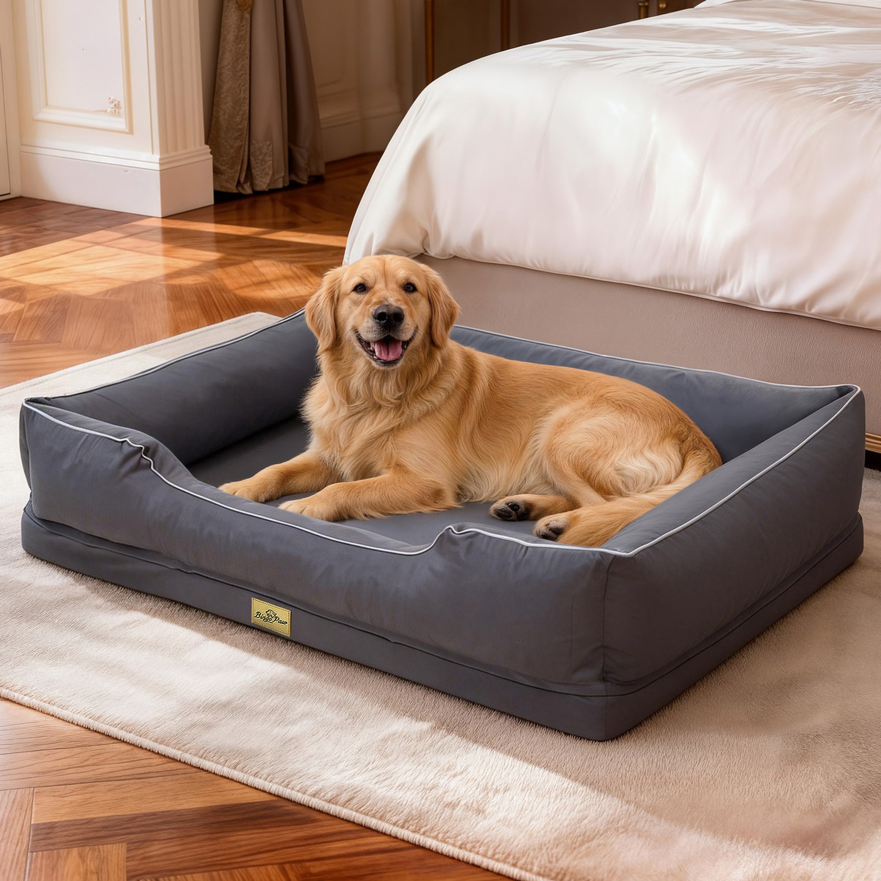 BingoPaw Summer Oxford Orthopedic Removable-Cover Waterproof Machine-Washable Bolster Dog & Cat Bed, Grey, XX-Large