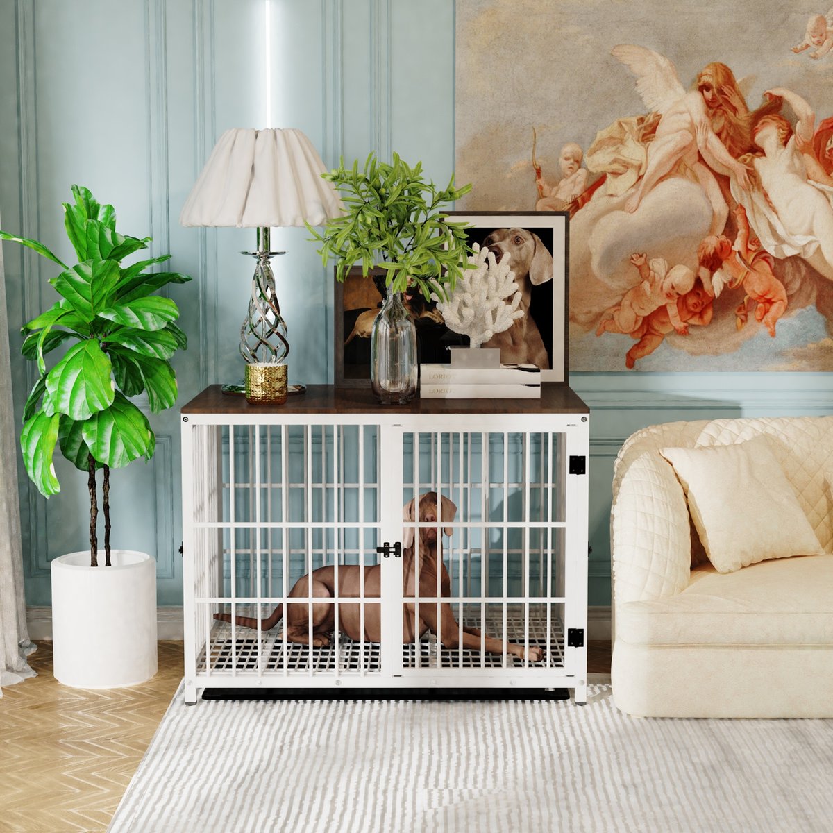 BingoPaw Wooden 3-Door Furniture Style Dog & Cat Crate End Table with Removable Tray, White, X-Large