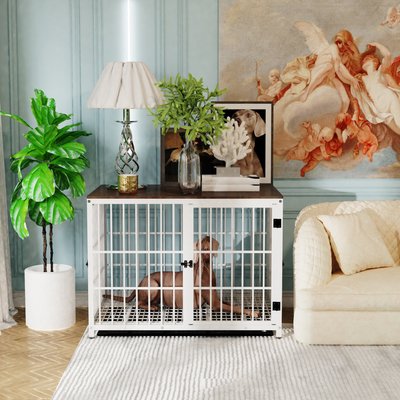 BingoPaw BingoPaw Wooden 3-Door Furniture Style Dog & Cat Crate End Table with Removable Tray, White, X-Large