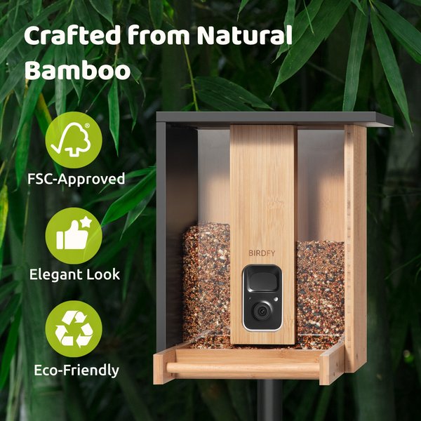 Birdfy Bamboo Smart Bird Feeder with Camera Solar Powered Motion Detection, Black, 3.5L