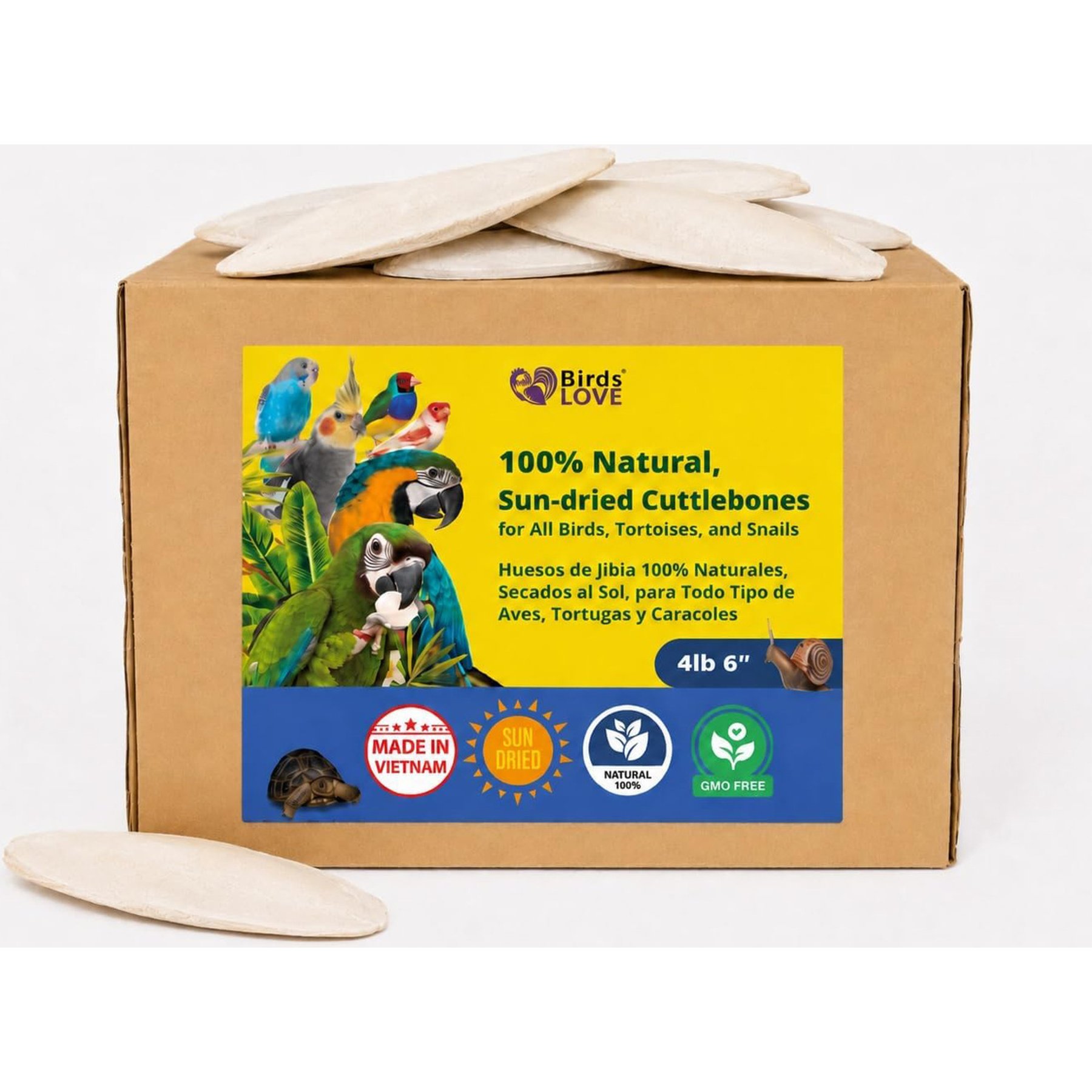 Birds LOVE Natural Cuttlebone Calcium Block Supplement for Birds, Tortoise & Snails, 5.5 to 6-in, 68 count