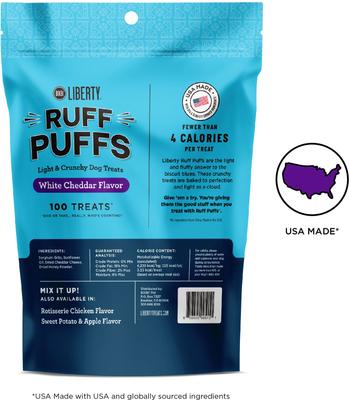 Show full view: BIXBI Liberty Ruff Puffs Chicken-Free White Cheddar Flavor Dog Treats, 4-oz bag slide 3 of 8