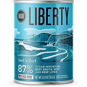 BIXBI Liberty Surf 'n Turf Ocean Whitefish, Beef Broth, Beef & Beef Liver Wet Dog Food, 12.5-oz can, case of 12