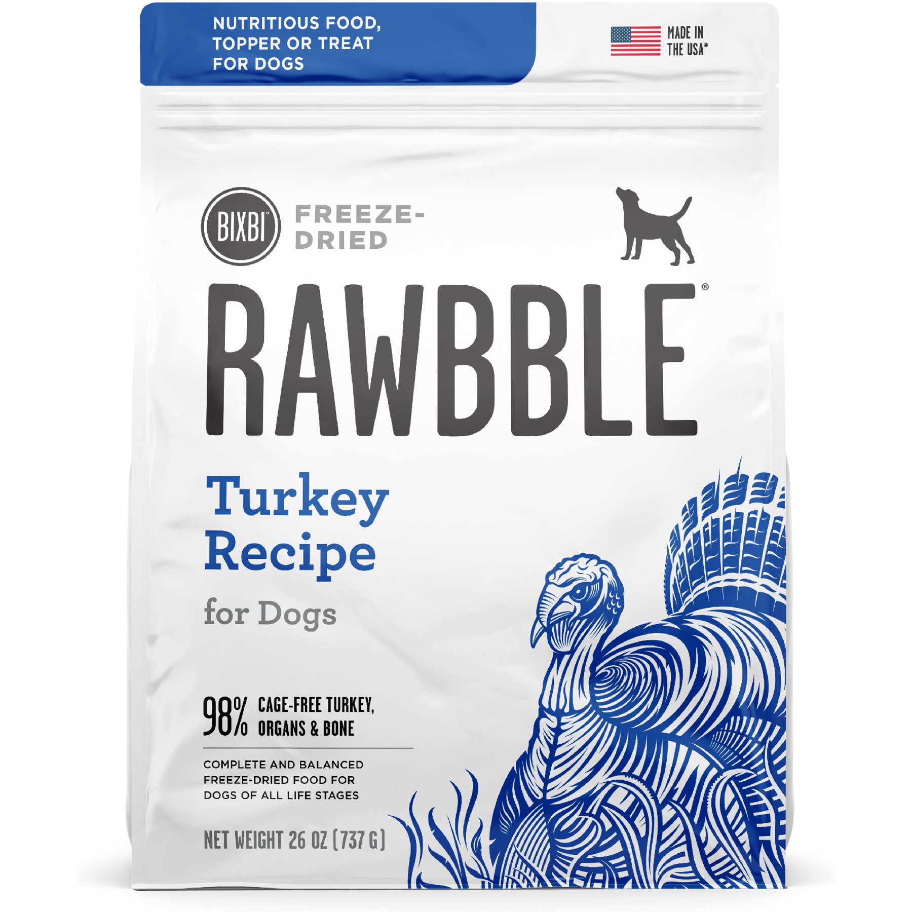 BIXBI Rawbble Turkey Recipe Grain-Free Freeze-Dried Dog Food, 26-oz bag