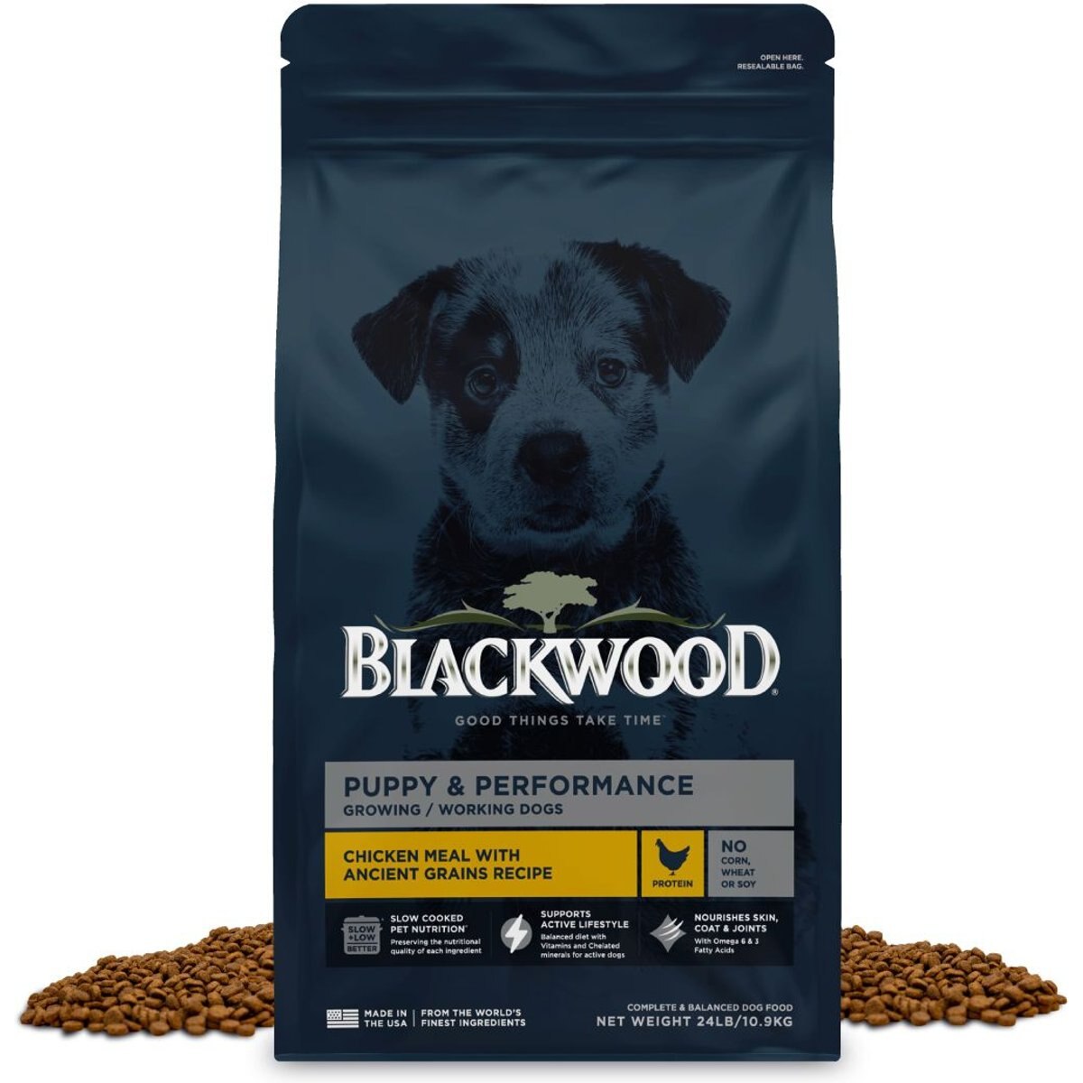 Blackwood Puppy & Performance for Growing & Working Dogs Chicken Meal with Ancient Grains Slow Cooked Dry Dog Food, 24-lb bag