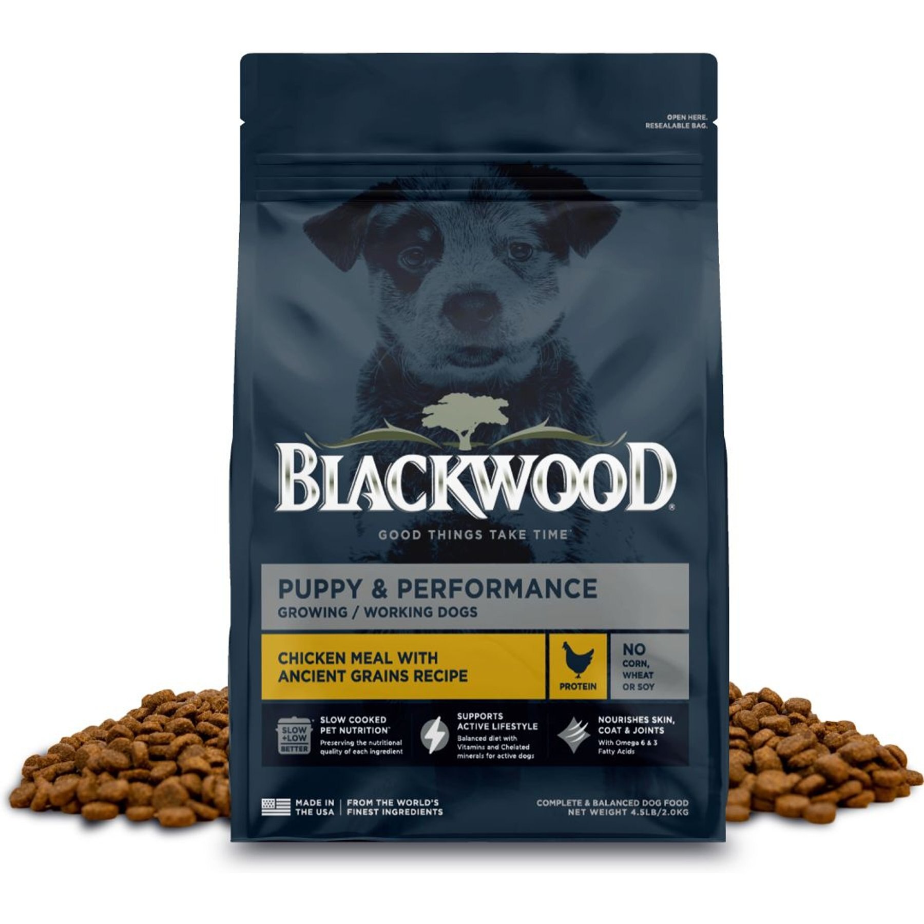 Blackwood Puppy & Performance for Growing & Working Dogs Chicken Meal with Ancient Grains Slow Cooked Dry Dog Food, 4.5-lb bag