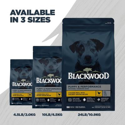 Show full view: Blackwood Puppy Performance, Growing & Working Chicken Meal with Ancient Grain Recipe Dry Dog Food, 24-lb bag slide 9 of 11