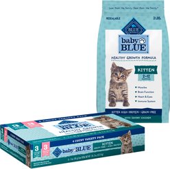 Blue Buffalo Baby BLUE Healthy Growth Formula Grain-Free High Protein, Natural Kitten Dry Cat Food, Chicken & Pea Recipe 2-lb + Pate Wet Food Variety Pack, Chicken, Salmon