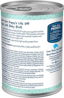 Show full view: Blue Buffalo Baby Blue Healthy Growth Formula Grain-Free High Protein Turkey & Potato Recipe Puppy Wet Food, 12.5-oz cans, case of 12 slide 3 of 11