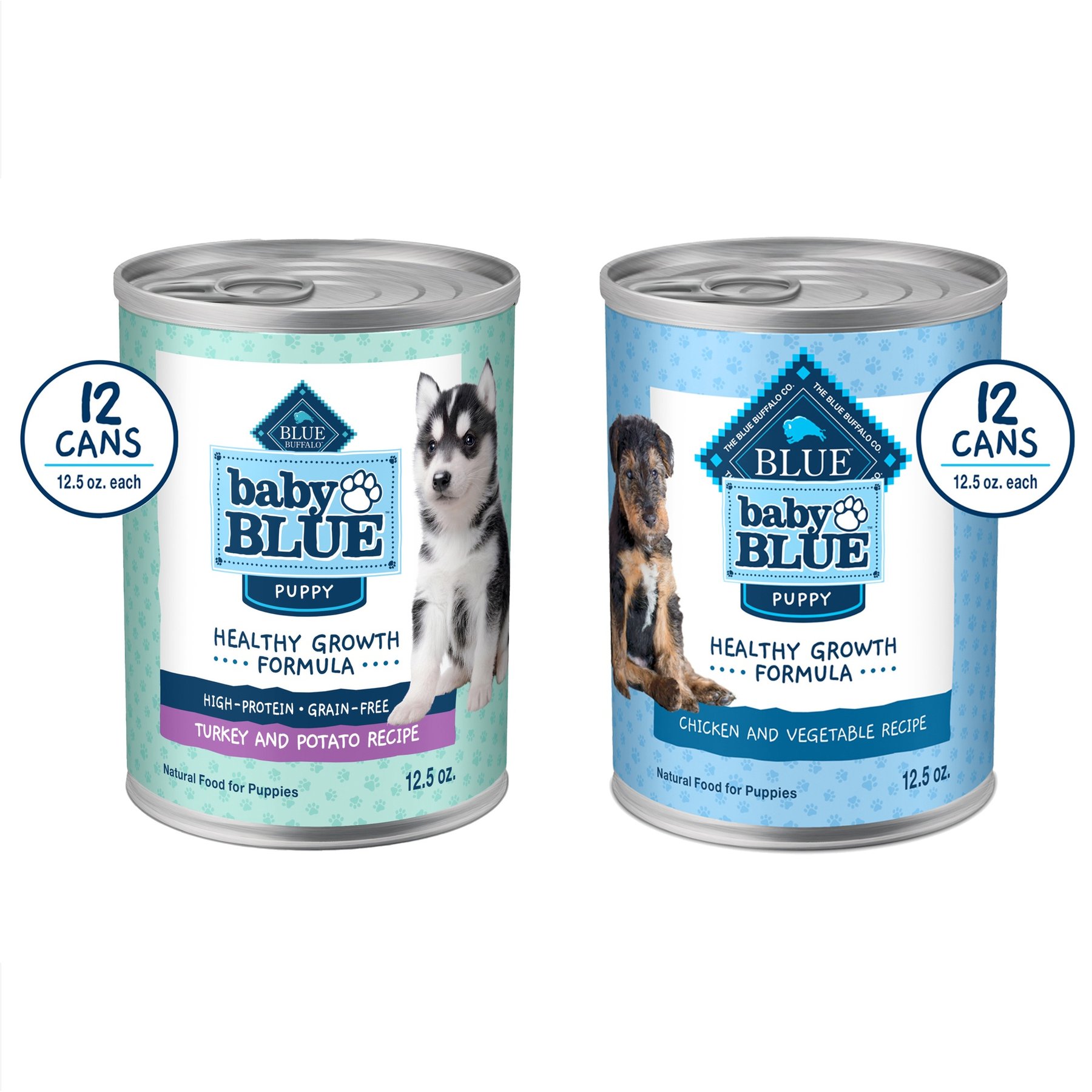 Blue Buffalo Baby BLUE Healthy Growth Formula Natural Puppy, Chicken & Vegetable Recipe + Grain-Free High Protein, Turkey & Potato Recipe, Wet Dog Food