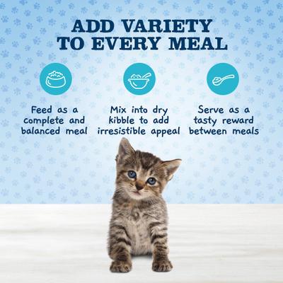Show full view: Blue Buffalo Baby BLUE Healthy Growth Formula with DHA Chicken & Salmon Recipes High-Protein Grain-Free Pate Variety Pack Kitten Variety Pack Canned Cat Food, 3-oz can, 6 count slide 4 of 10