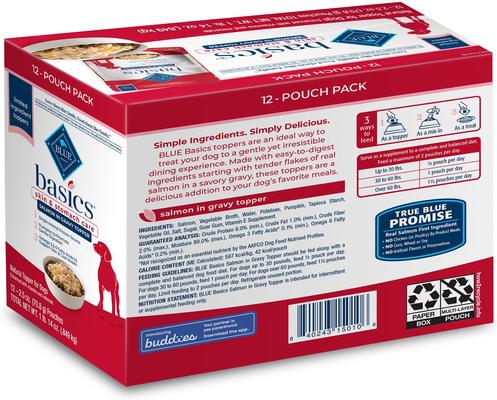Show full view: Blue Buffalo Basics LID Skin & Stomach Care Grain-Free Salmon in Gravy Adult Wet Dog Food Topper, 2.5-oz pouch, case of 12 slide 3 of 8