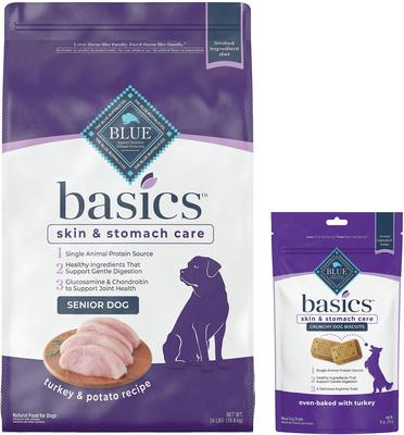 Show full view: Blue Buffalo Basics Limited Ingredient Diet Turkey & Potato Recipe Senior Dry Dog Food, 24-lb bag + Blue Buffalo Basics Limited Ingredient Formula Biscuits Turkey & Potato Dog Treats, 6-oz bag slide 1 of 7