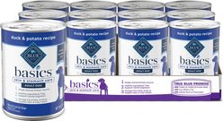 Blue Buffalo Basics Skin & Stomach Care Adult Grain-Free Duck & Potato Recipe Wet Dog Food, 12.5-oz can, 12 count