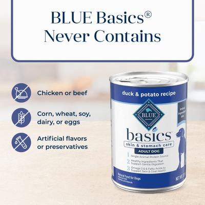 Show full view: Blue Buffalo Basics Skin & Stomach Care Adult Grain-Free Duck & Potato Recipe Wet Dog Food, 12.5-oz can, 12 count slide 7 of 12