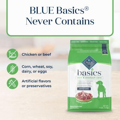 Show full view: Blue Buffalo Basics Skin & Stomach Care Adult Grain-Free Lamb & Potato Recipe Dry Dog Food, 4-lb bag slide 7 of 12
