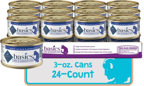 Show full view: Blue Buffalo Basics Skin & Stomach Care Grain-Free Duck & Potato Entree Indoor Adult Canned Cat Food, 3-oz, case of 24 slide 9 of 11