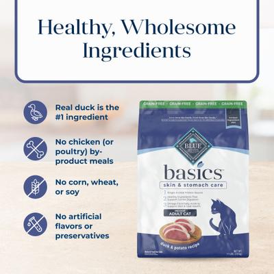 Show full view: Blue Buffalo Basics Skin & Stomach Care Grain-Free Duck & Potato Recipe Dry Cat Food, 11-lb bag slide 7 of 12