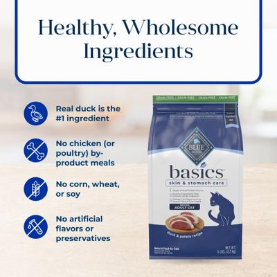 Show full view: Blue Buffalo Basics Skin & Stomach Care Grain-Free Duck & Potato Recipe Dry Cat Food, 5-lb bag slide 7 of 12