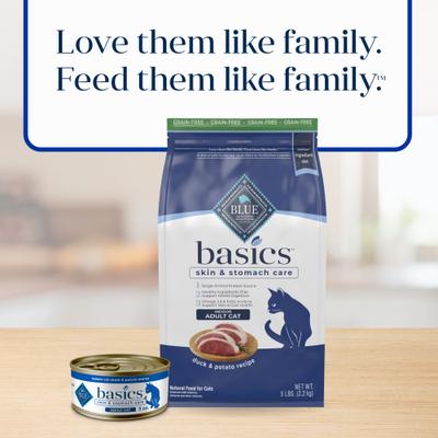 Show full view: Blue Buffalo Basics Skin & Stomach Care Grain-Free Duck & Potato Recipe Dry Cat Food, 5-lb bag slide 10 of 12